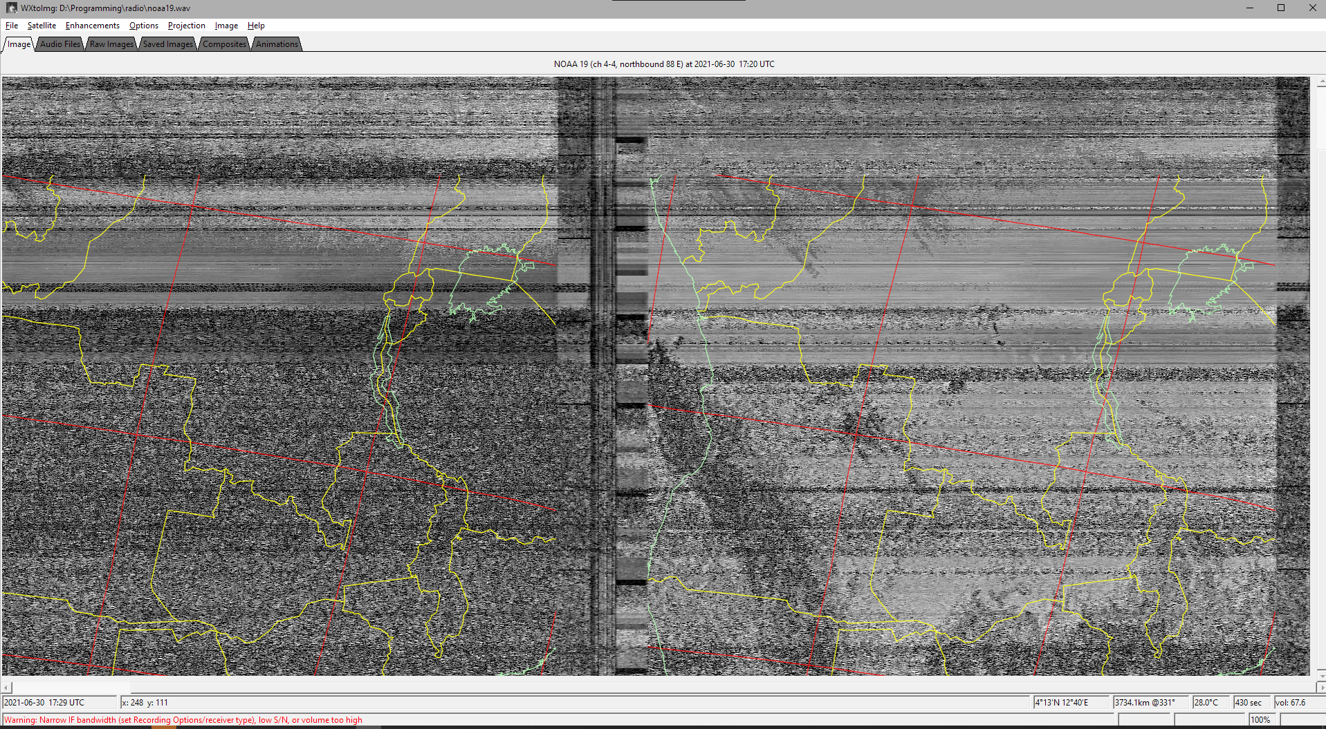 My second attempt at getting a sattelite image from one
				of the NOAA weather sattelites using my Baofeng uv5r